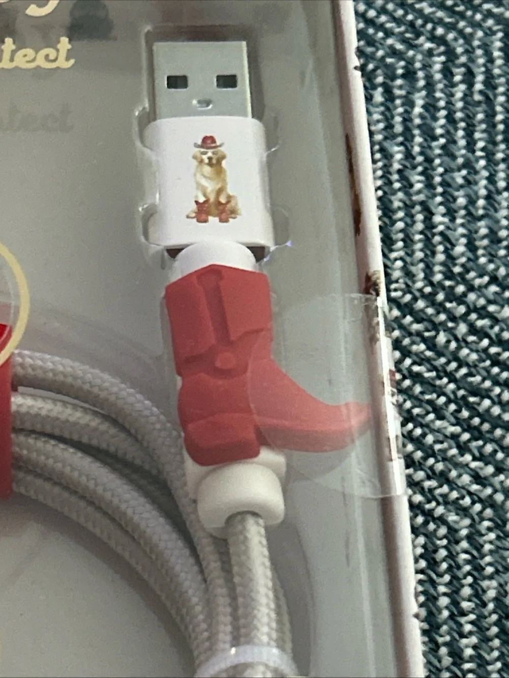 XO Poppy Phone Charger USB-A Cable 4 ft NIB- Red Boots W/ Dog- Quick Charge
